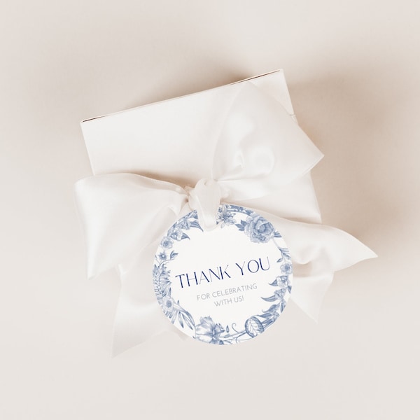 Dusty Blue Round Thank you Gift Tag or Sticker, Bridal Shower Party Favor Tag, Vintage Blue Floral Cupcake Topper, Elegant Gift Tag
