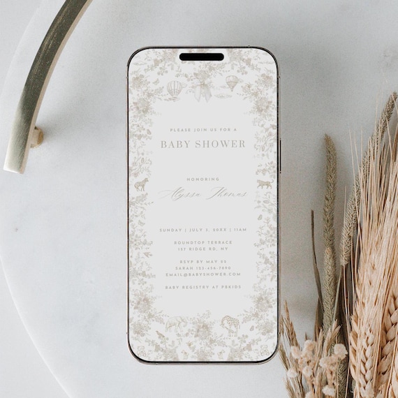 Beige Floral Toile Baby Shower Digital Evite Boho Newborn Announcement Toile Paperless Invitation Gender Neutral Invite Editable Template