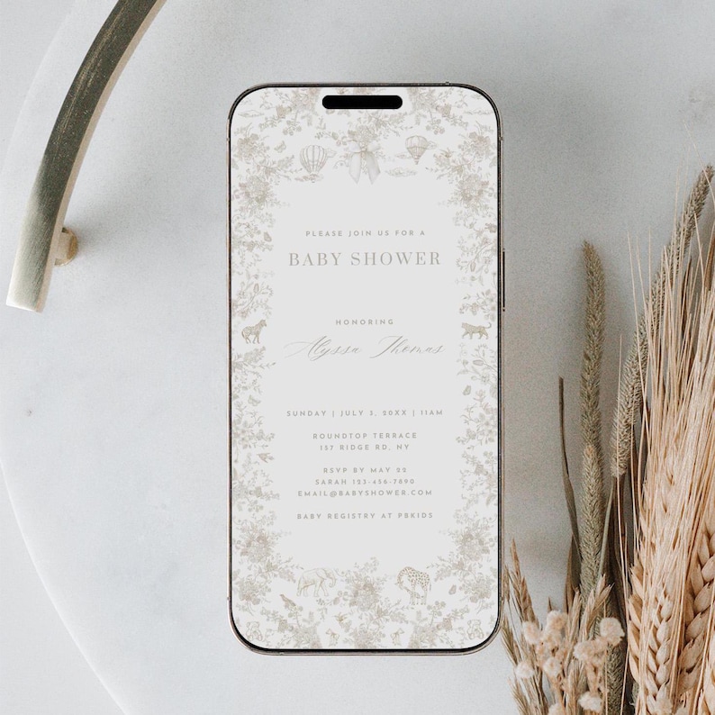 Beige Floral Toile Baby Shower Digital Evite Boho Newborn Announcement