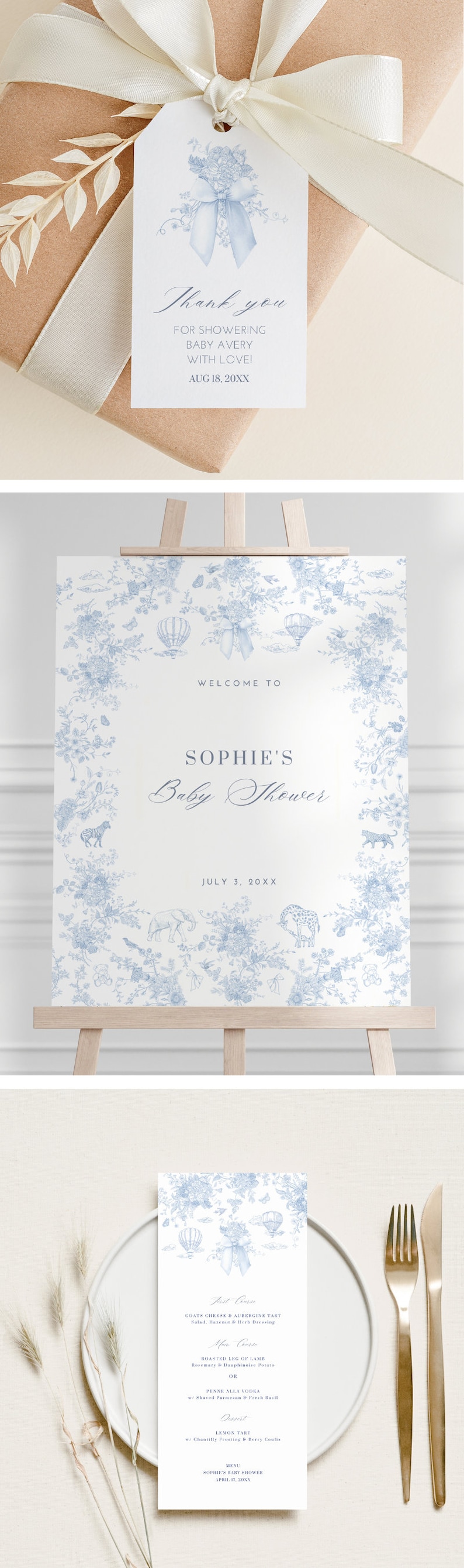 May include: A blue and white baby shower welcome sign with a floral design and the text "Welcome to Sophie's Baby Shower July 3, 20XX".