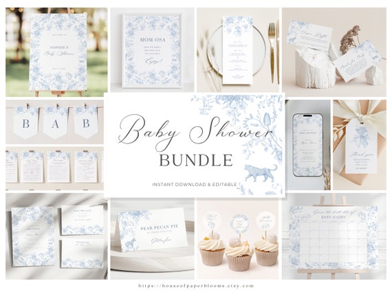 Toile de Jouy Baby Shower Bundle Blue Boy Baby Shower Invitation Elegant Safari Animal Baby Boy Invite Blue Floral Garden Party Template