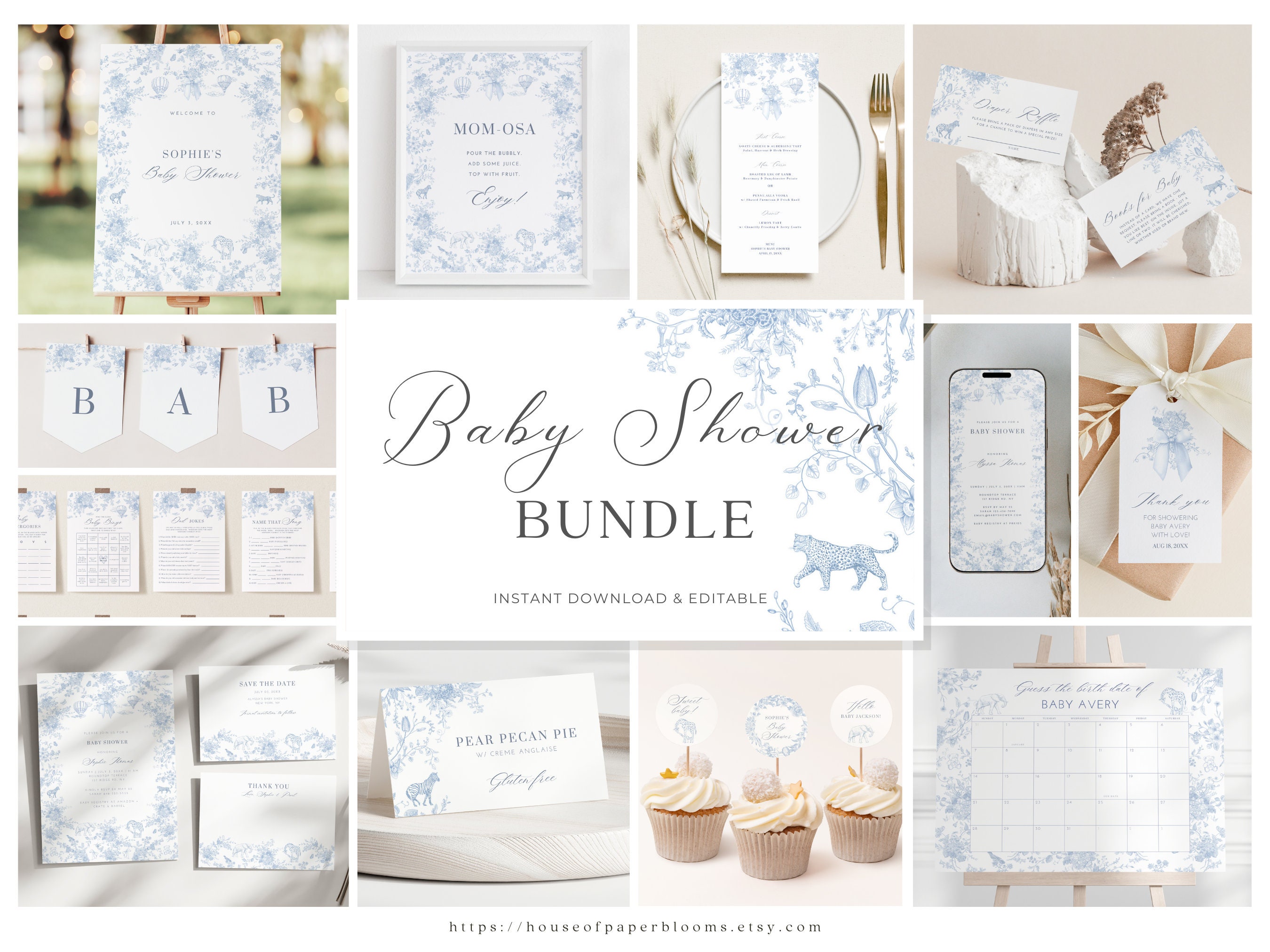 Toile de Jouy Baby Shower Bundle Blue Boy Baby Shower Invitation Elegant Safari Animal Baby Boy Invite Blue Floral Garden Party Template
