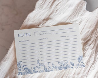 Dusty Blue Bridal Shower Recipe Card + Request Insert | Elegant Chinoiserie 4x6 Card w 2x3.5 Insert | Editable Template