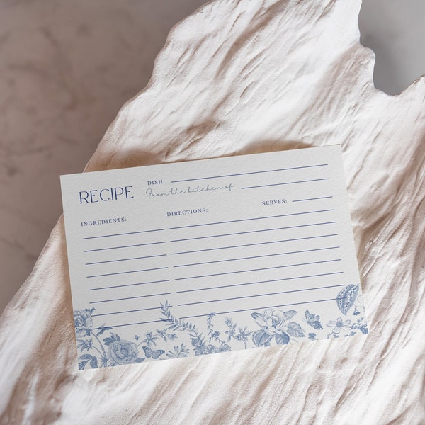 Dusty Blue Bridal Shower Recipe Card + Request Insert | Elegant Chinoiserie 4x6 Card w 2x3.5 Insert | Editable Template