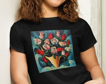 Women’s high-waisted t-shirt - Artistic surreal roses shirt - Stylish women's graphic t-shirt - Cute shirt for girls