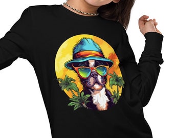 Boston Terrier in Sunglasses Youth Long Sleeve Shirt - Hip Boston Terrier Kid's Shirt - Cute Kid's Gift - Fun Dog Shirt for Stylish Child