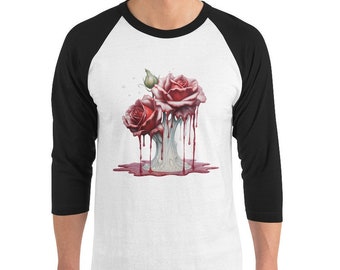 Melting Flowers Graphic 3/4 Sleeve Raglan Shirt - Stylish Shirt - Acid Rose Shirt For Hip Guy Or Girl - Comfy 3/4 Sleeve Graphic Tee