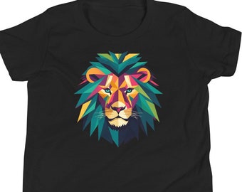Colorful Lion's Head Hip Youth Short Sleeve T-Shirt - Geometric Lion Graphic Tee for Stylish Kids - Cute Child T-Shirt Gift Back To School