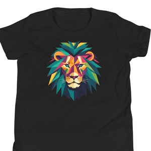 Camiseta colorida de manga curta juvenil com cabeça de leão e quadril – camiseta geométrica com estampa de leão para crianças elegantes – camiseta infantil fofa para presente de volta às aulas