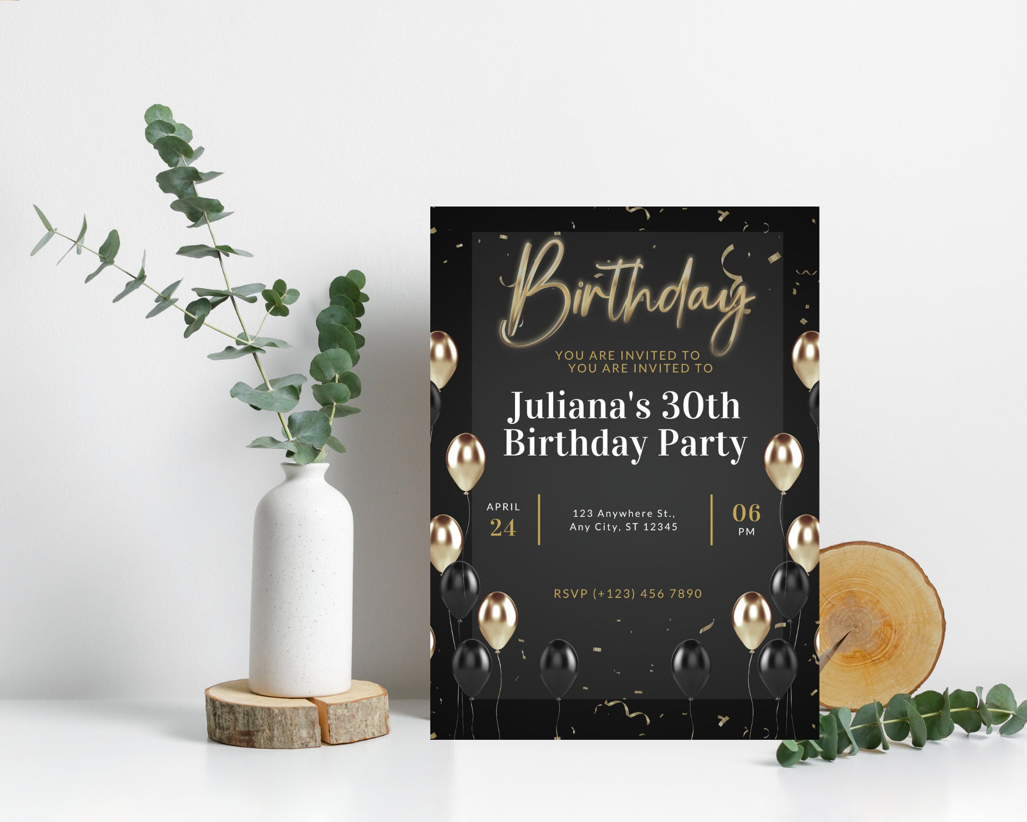 Black and Gold Birthday Invitation Card Template | Printable Editable ...