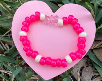 Bear bracelet, pink & ivory, beaded bracelet, coquette, jewelry, gift