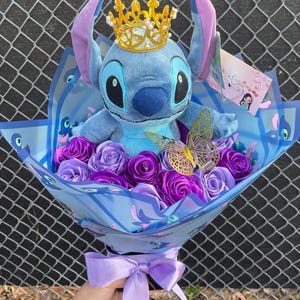 Stitch, bouquet, roses, Rosas eternas, ribbon roses, flowers