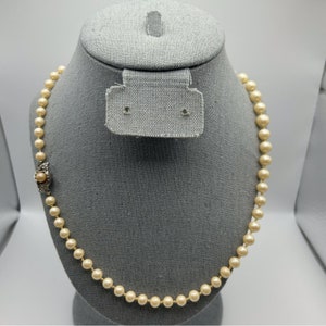 Vintage Faux Pearl Hand Knotted Necklace Silver Tone Ornate Box Clasp 20.5&quot;