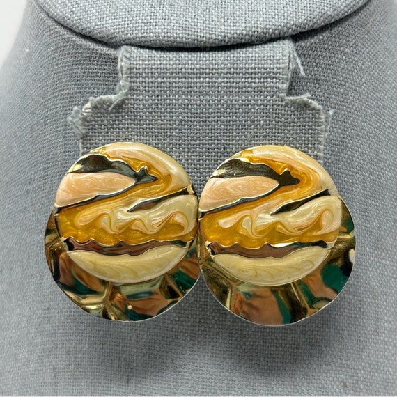 Large Vintage Statement Yellow Swirl Enamel Round… - image 2