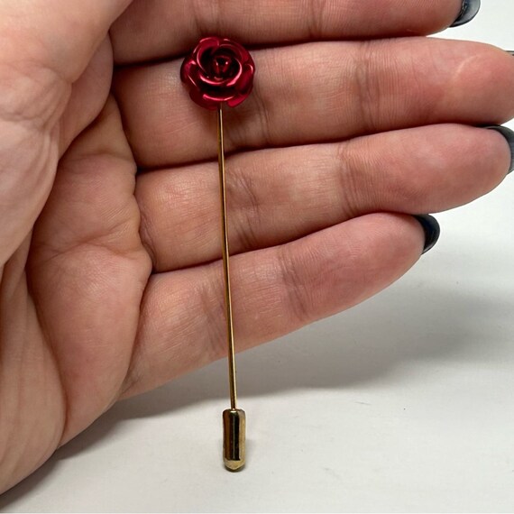 Vintage Romantic Red Rose Gold Tone Stick Pin - image 3
