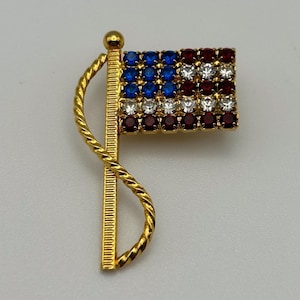 Vintage USA American Rhinestone Red White and Blue Flag Small Brooch Patriotic