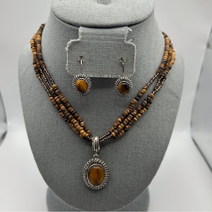 Vintage Avon Tiger&#39;s Eye Beaded Necklace with Wood Beads and Dangle Earrings