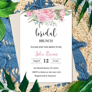 Bridal Brunch Invitation Template, Printable Bridal Invitation, Custom Wedding Shower Template, Pink Rose Floral Bridal Shower Invite
