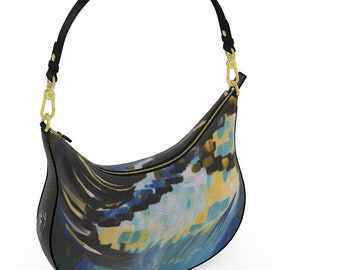 Handcrafted Leather Curved Shoulder Bag: Blue Art