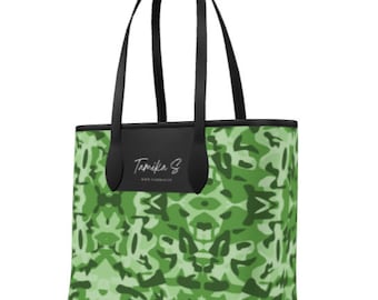 Handcrafted Leather City Tote Bag: Green Print