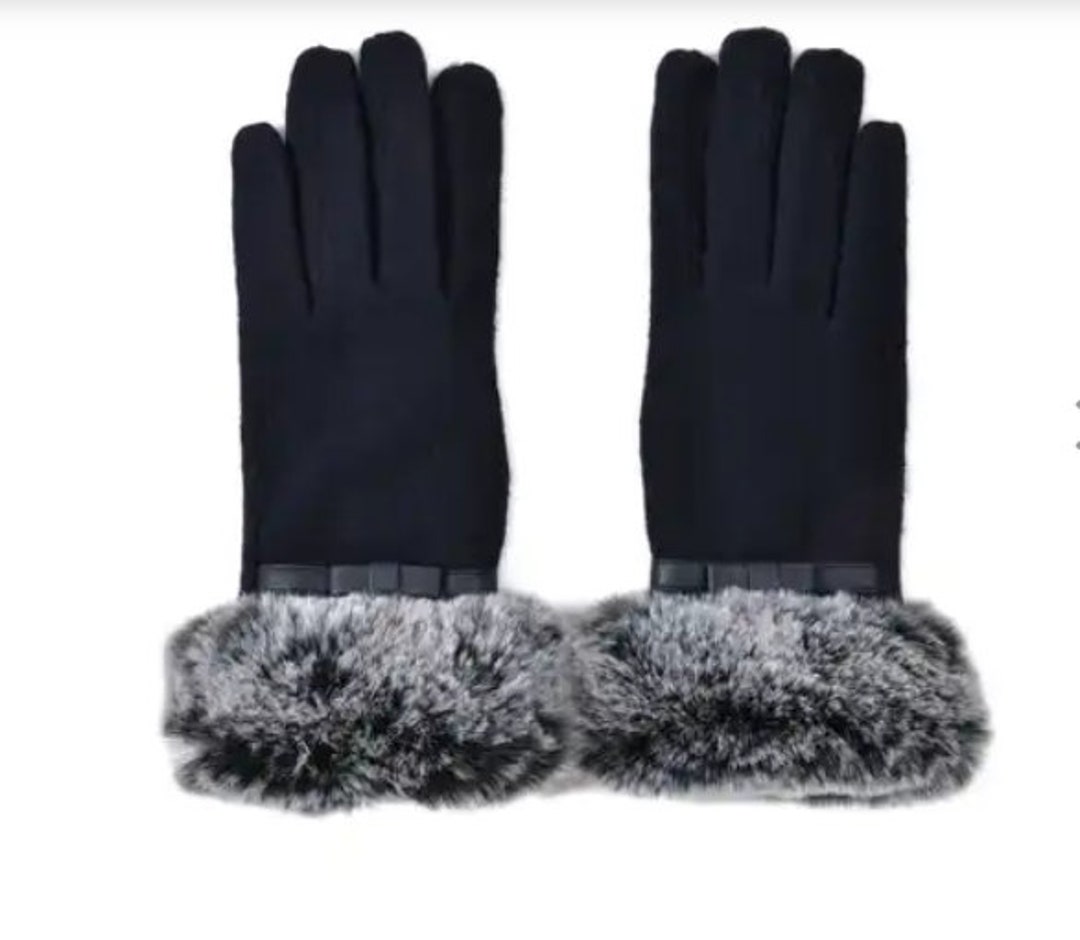 Navy Cashmere Wool Blend Warm Gloves With Fluffy Faux Fur Etsy