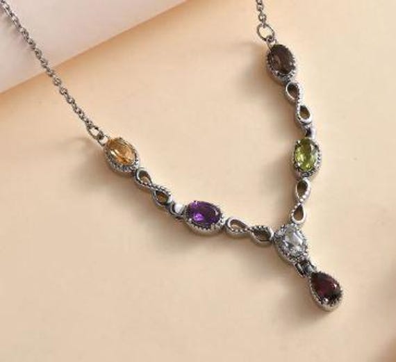 Colourful Multi Gemstone Sterling Silver Chain Necklace By Harfi