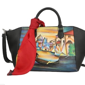 Sukriti Black River Landscape Pattern Genuine Leather Satchel Bag matching Silk Scarf Etsy UK