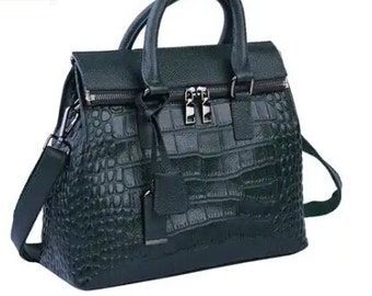 Dark Green Genuine Leather Crocodile Embossed Pattern Convertible Tote Bag