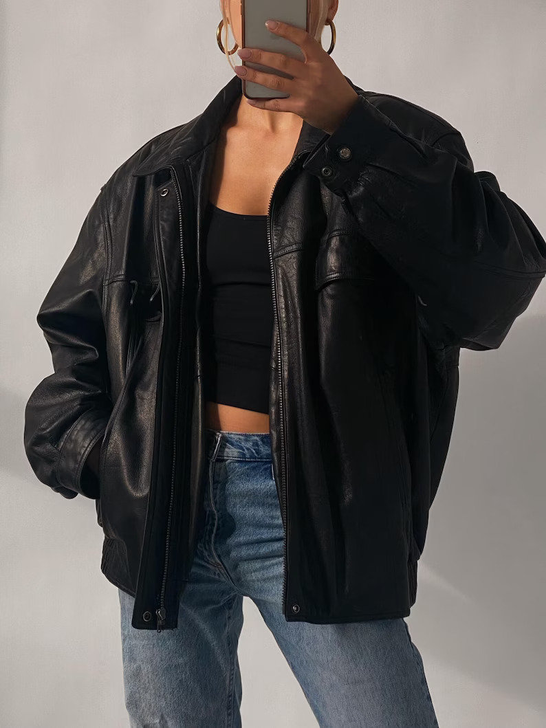 90's Look Vintage Oversized Straight Black Bomber Jacket - Etsy