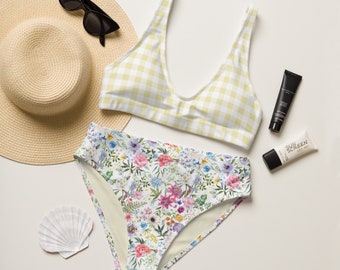 Floral and Gingham Recycled Fabric High Waist Bikini