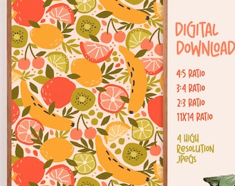 Impressão colorida de frutas cítricas || Arte para cozinha || Download digital