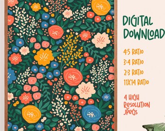 Impressão artística de flores silvestres coloridas || Ilustração floral || Download digital