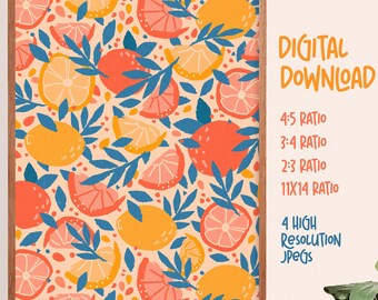 Impressão de frutas cítricas || Arte divertida com limão e laranja || Download digital