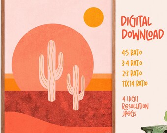 Impressão artística de paisagem desértica com cactos || Decoração para casa no estilo sudoeste || Download digital