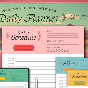 May include: A pink and white daily planner with a Wes Anderson inspired design. The planner has a section for goals, today's priority, and a water tracker. The planner is digital or printable.