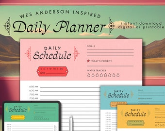 Planejador diário inspirado em Wes Anderson || Agenda horária para imprimir || Download digital