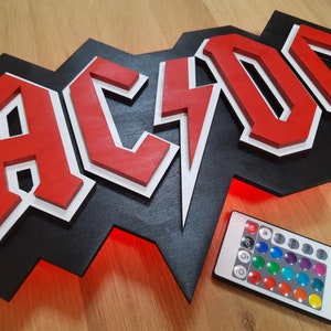 ACDC LED Wood Sign: 3D Rock N Roll Bar Decor with Remote