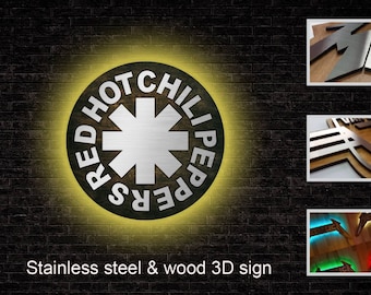 Red Hot Chili Peppers Inspired Wood and Steel Sign with LED Lights, 3D Custom Rock Band Wall Art, Perfect Gift for RHCP Fans