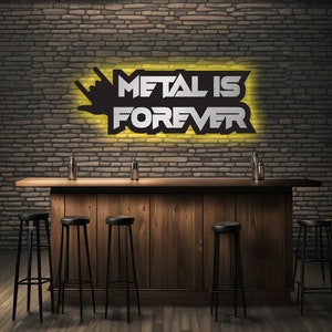 3D Heavy Metal LED Sign: Steel & Wood Bar Decor, Sign of the Horns