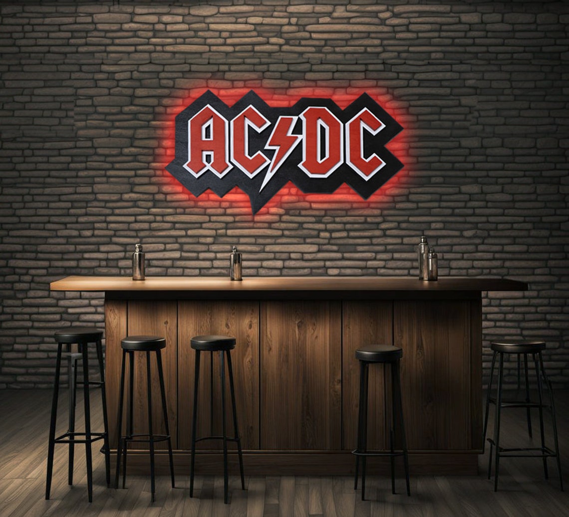 ACDC LED Wood Sign: 3D Rock N Roll Bar Decor With Remote - Etsy