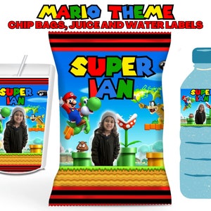 Mario-chiptassen, Mario-sapzakjes, Mario-wateretiketten, Mario-feestdecor, Mario Bros, Mario Bros-chips, digitaal bestand, Mario-verjaardag