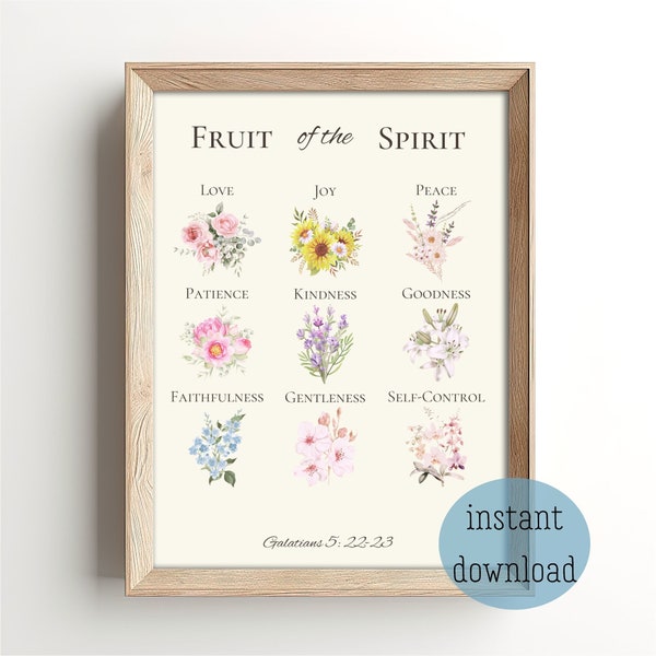 Christian Wall Decor Fruit of the Spirit Wall Art Bible Verse Poster for Christian Home  Floral Cottage Watercolor Art with Scripture Rustic
