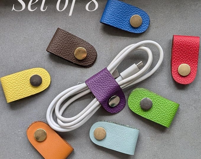 Genuine Leather Cord Wrap Desk Organization Cable Holder Stylish Tech Organizer Gift for Tech Lover Headphone Charger Keeper Tangle Free
