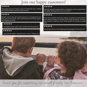 May include: A photo of two children looking out at a lake. The image includes text that reads "Join our happy customers!" and features customer reviews praising the quality of the products and the seller's service. The text at the bottom of the image reads "Thank you for supporting our small family-run business!"
