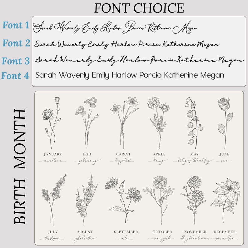 May include: A chart showing different font styles for names and a chart showing flowers associated with each month of the year. The text on the chart reads: "Font Choice", "Font 1", "Font 2", "Font 3", "Font 4", "Birth Month", "January", "Carnation", "Iris", "February", "March", "Daffodil", "April", "Lily", "May", "Lily of the Valley", "June", "Rose", "July", "Birdspur", "August", "Gladiolus", "September", "Aster", "October", "Marigold", "November", "Chrysanthemum", "December", "Poinsettia".