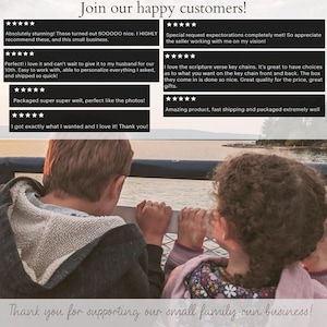 May include: A photo of two children looking out at a lake. The image includes text that reads "Join our happy customers!" and features customer reviews praising the quality of the products and the seller's service. The text at the bottom of the image reads "Thank you for supporting our small family-run business!"
