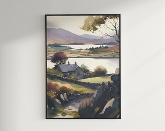 Irish Landscape Watercolor Painting - Digital Download, Printable Wall Art, Instant Download, Ireland Countryside, Nature Art Print