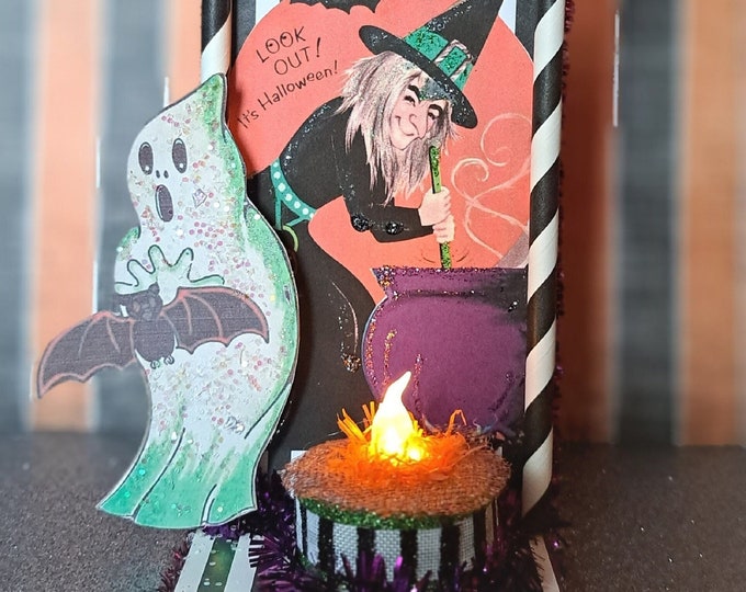 Vintage Halloween Lighted Witch and Ghost Shelf Decoration Etsy