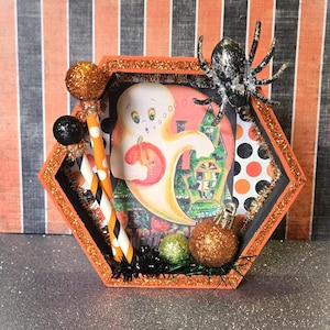 Retro Ghost Halloween Shadow Box, Kitschy Holiday Diorama for Wall or Shelf