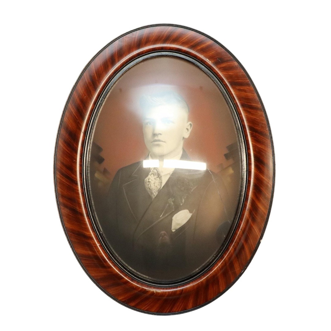 Antique Oval Picture Frame Convex Bubble Glass Tiger Stripe Wood 24.5 X ...